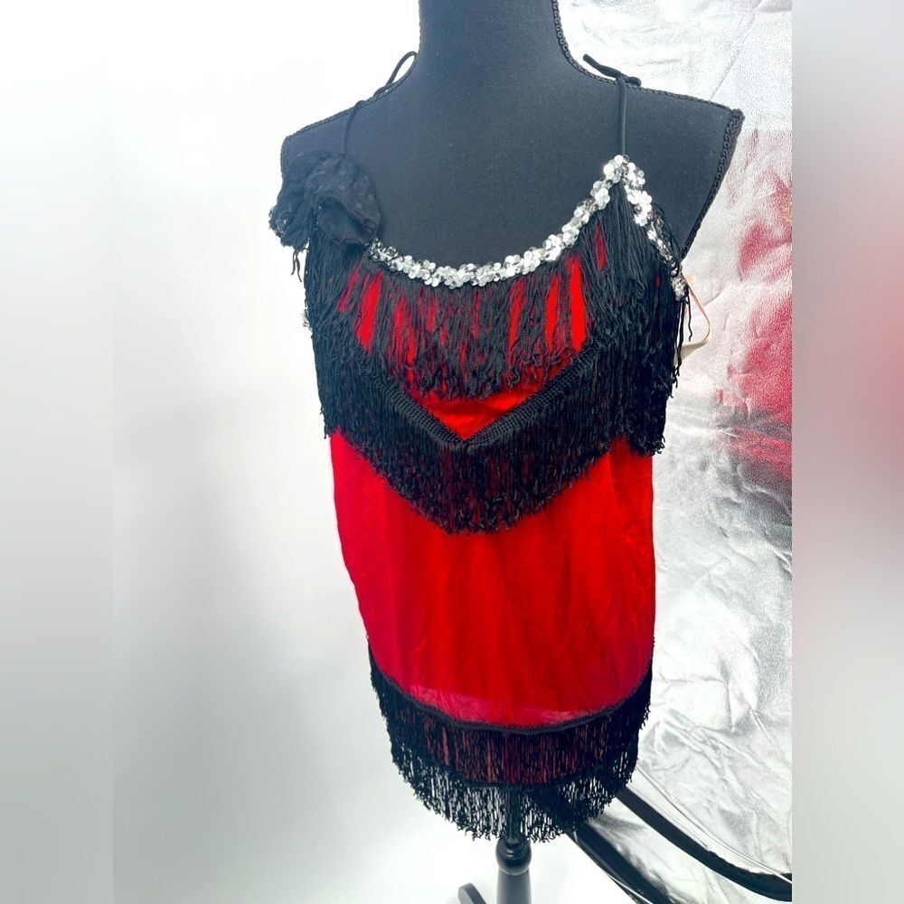 Vintage in cement, red and black fringe, nightgown size medium